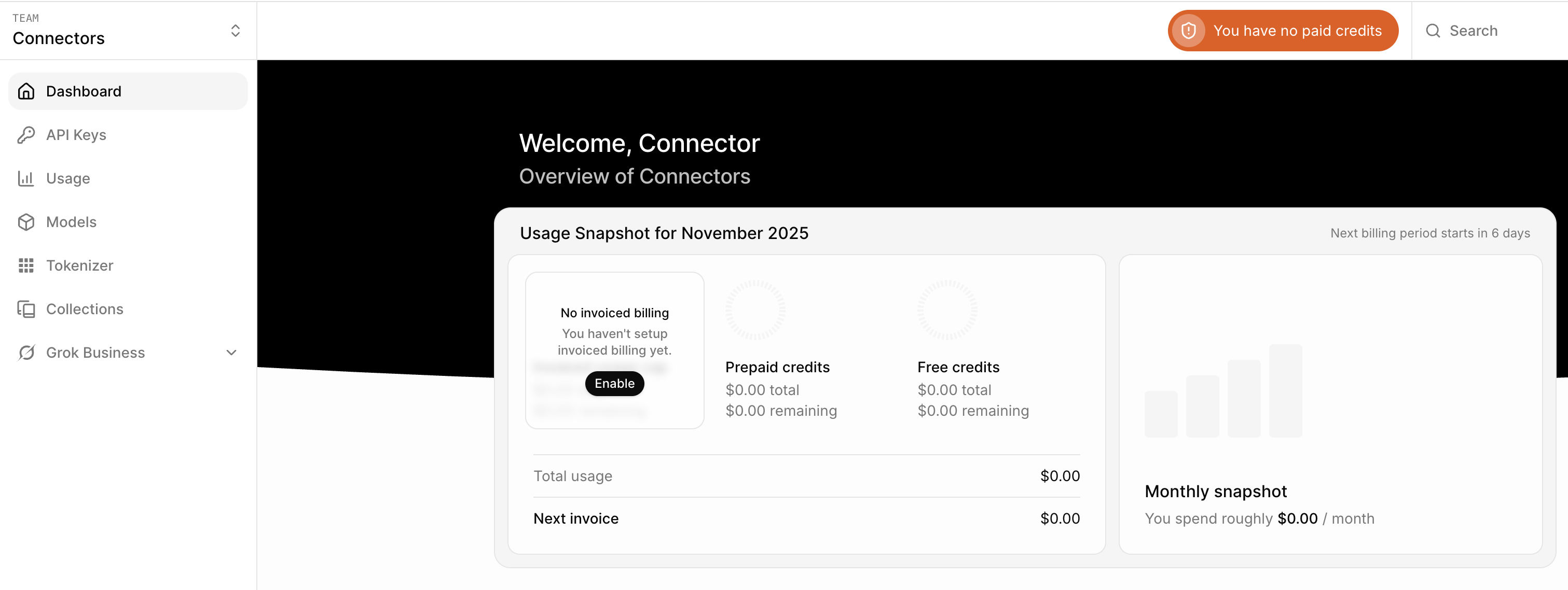 xAI Console Dashboard