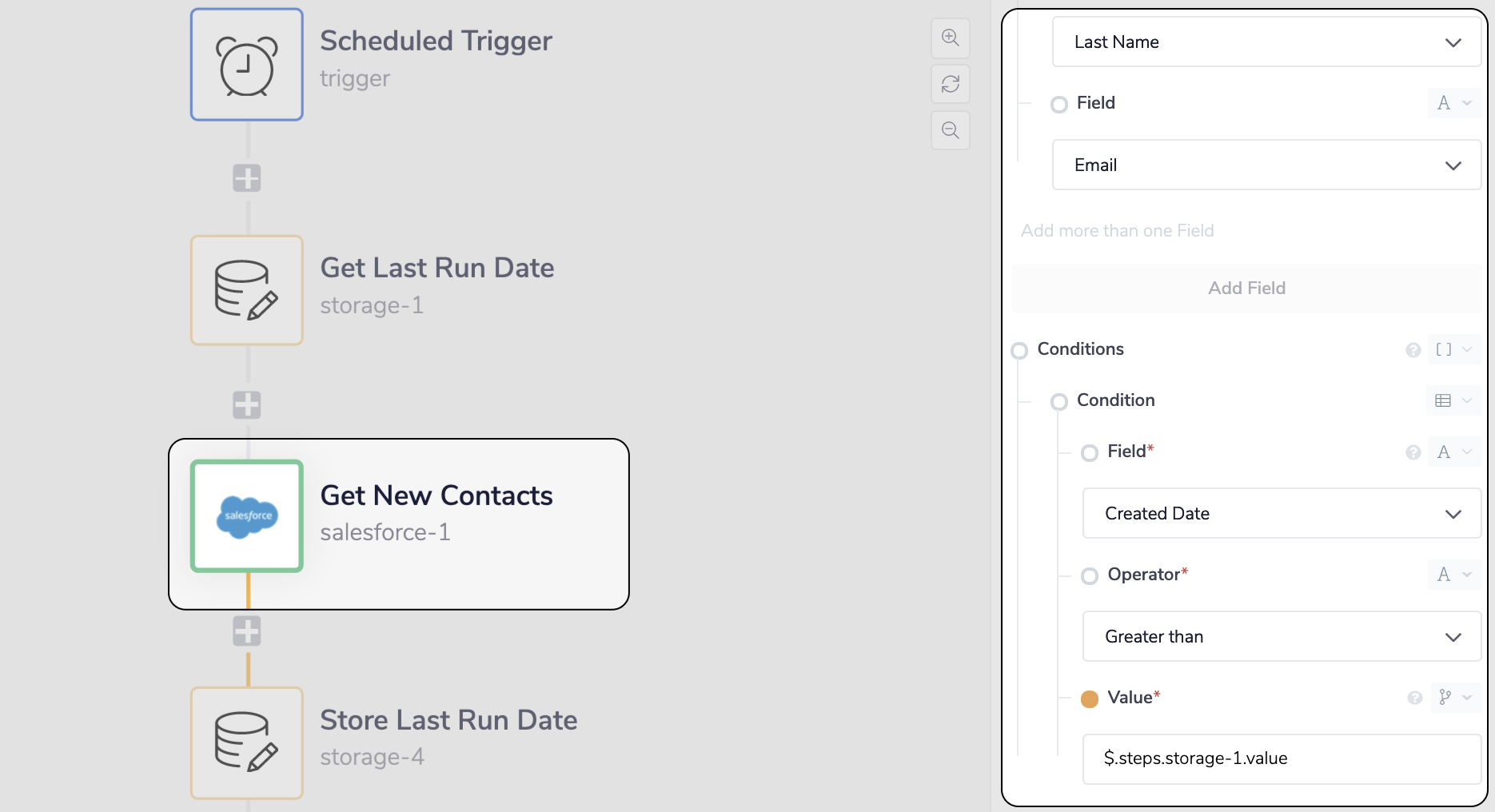 Add the Salesforce connector with the Find Records operation to return the records with the above conditions