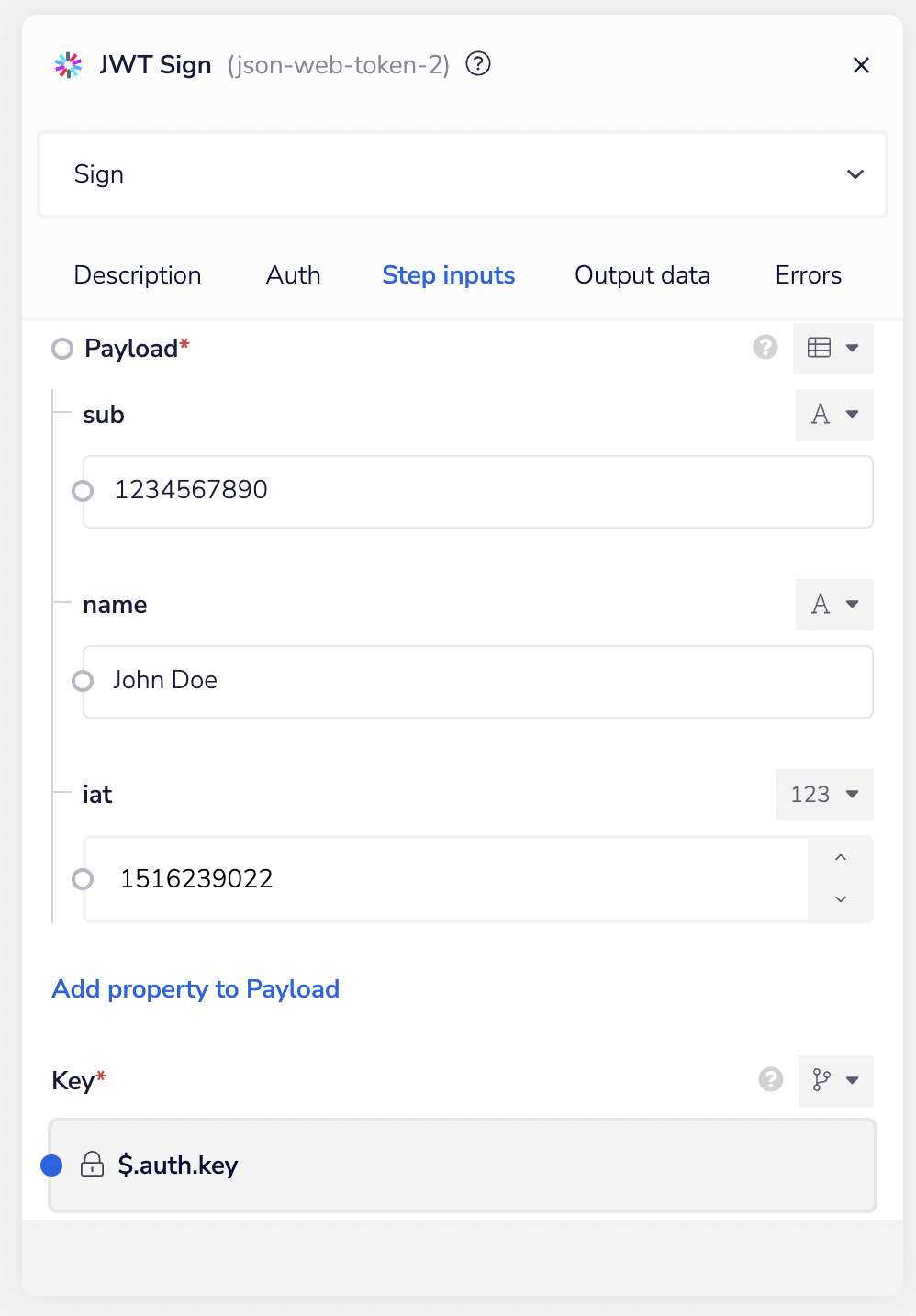 Example JWT Sign Operation Input