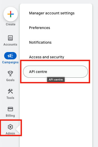 google ads admin api centre