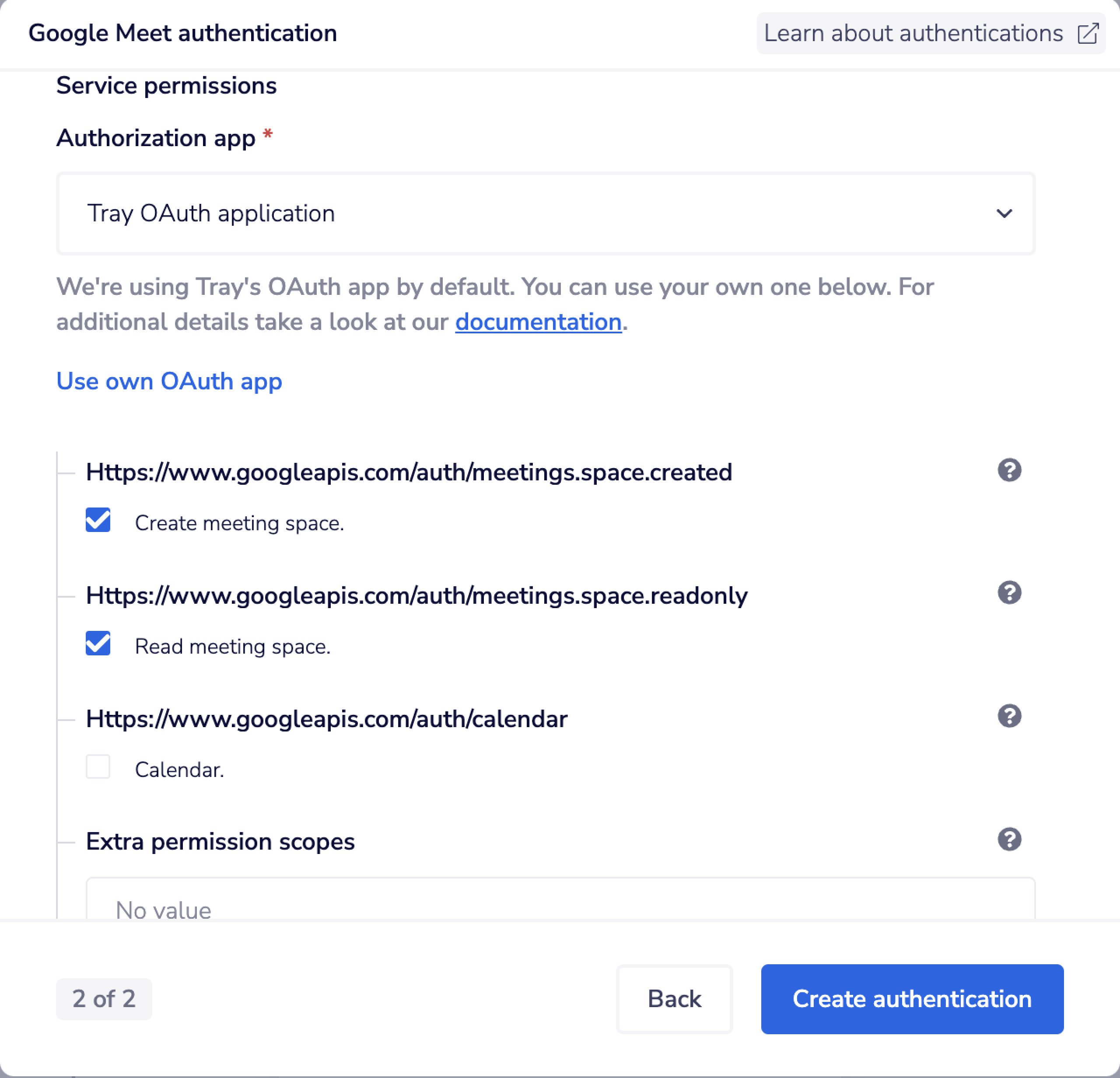 Scopes for google meet auth.