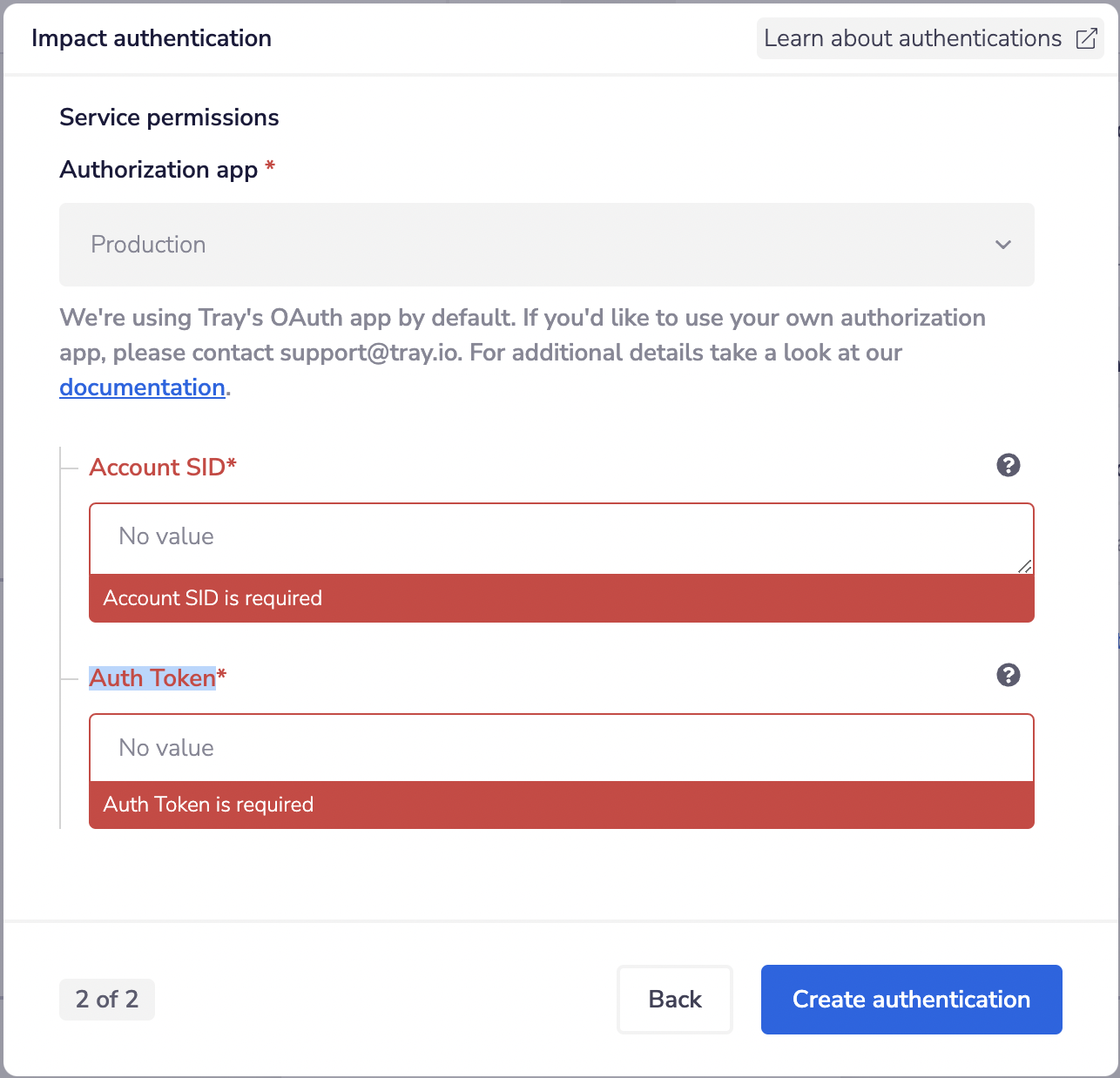 Fields for creating an authentication.
