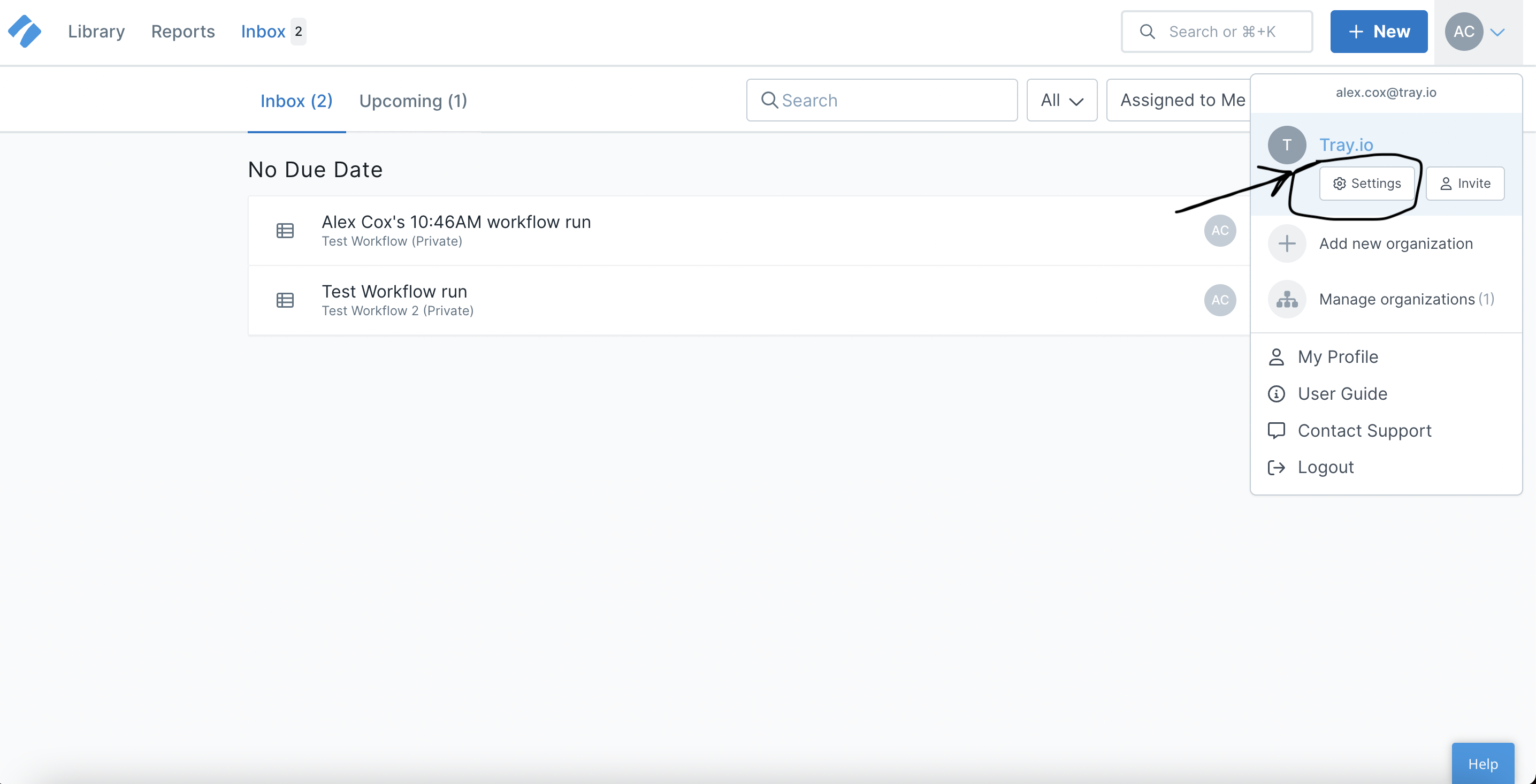 Process street dashboard with menu dropdown visible.