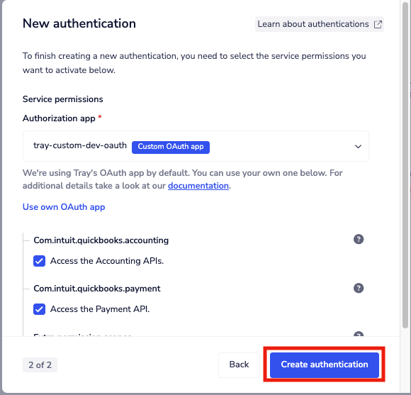 Quickbooks create auth