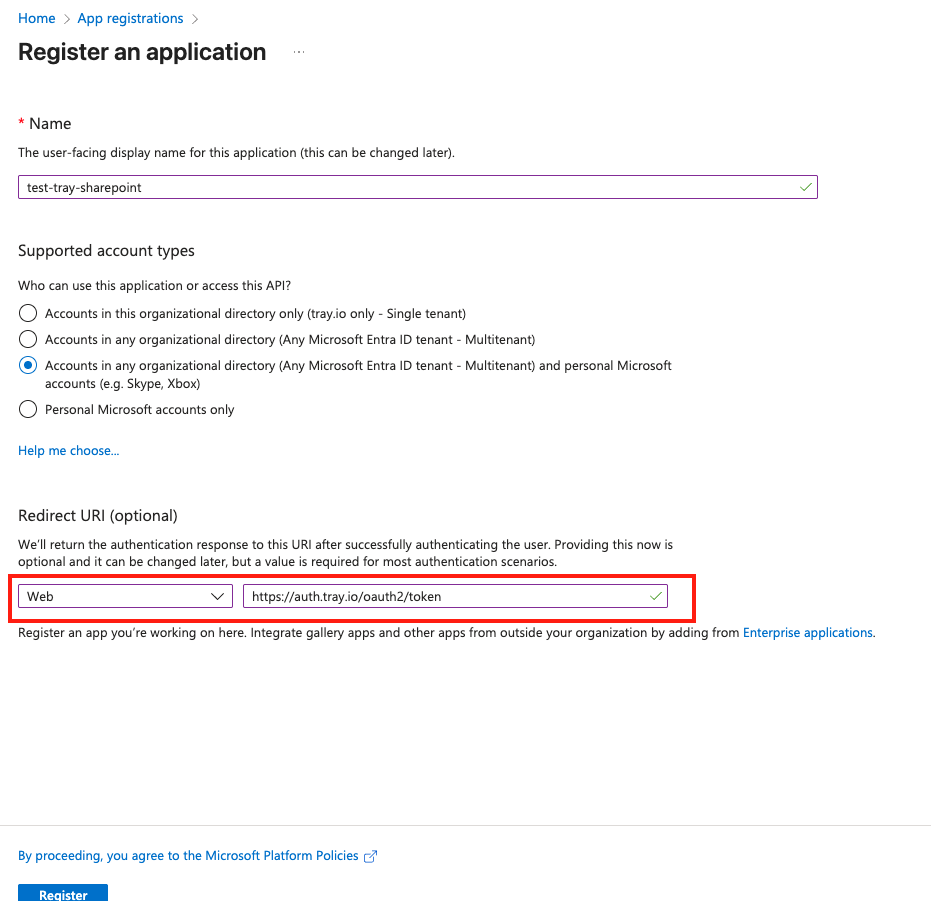 SharePoint create new app registration form