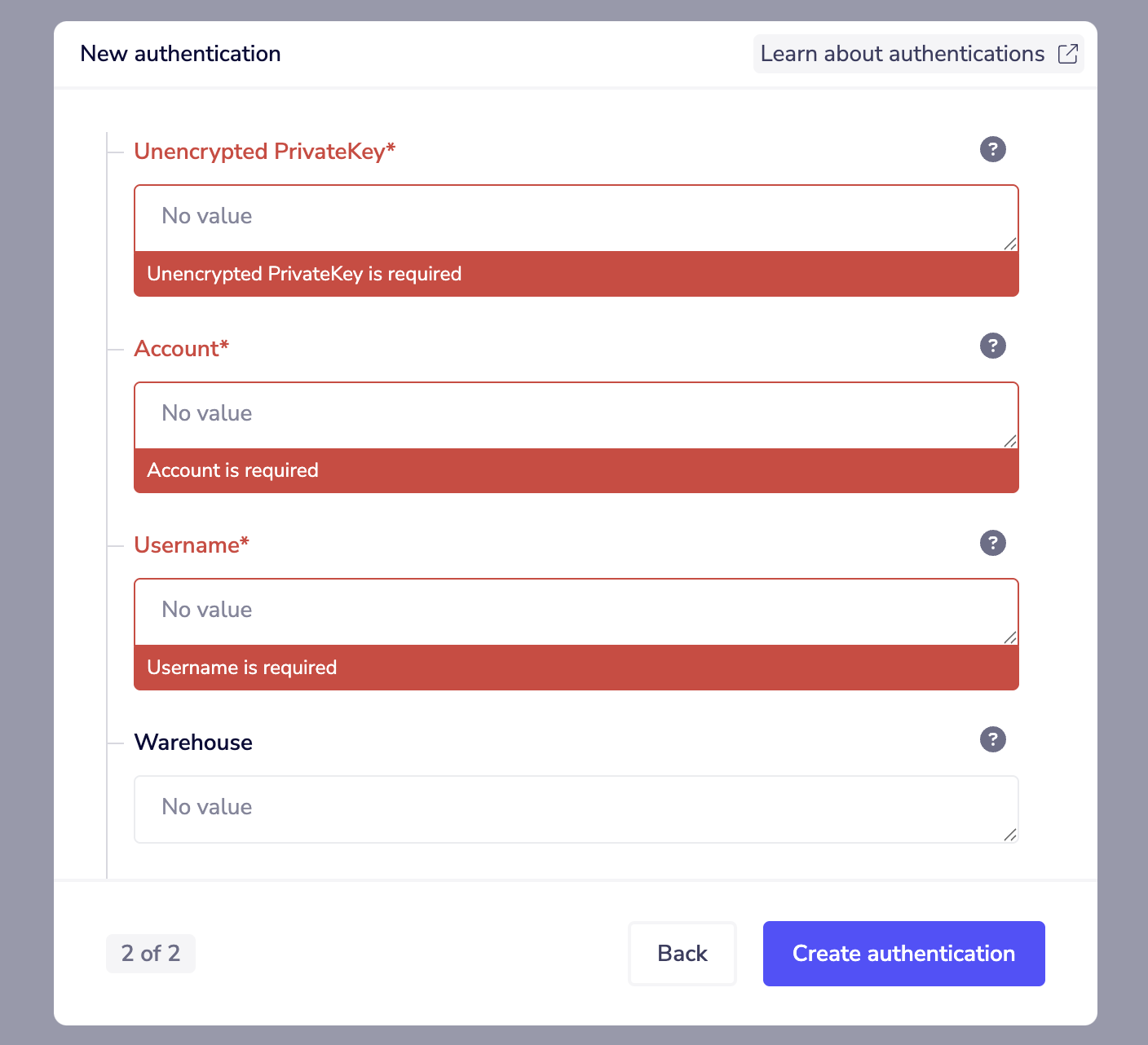 Snowflake authentication inputs