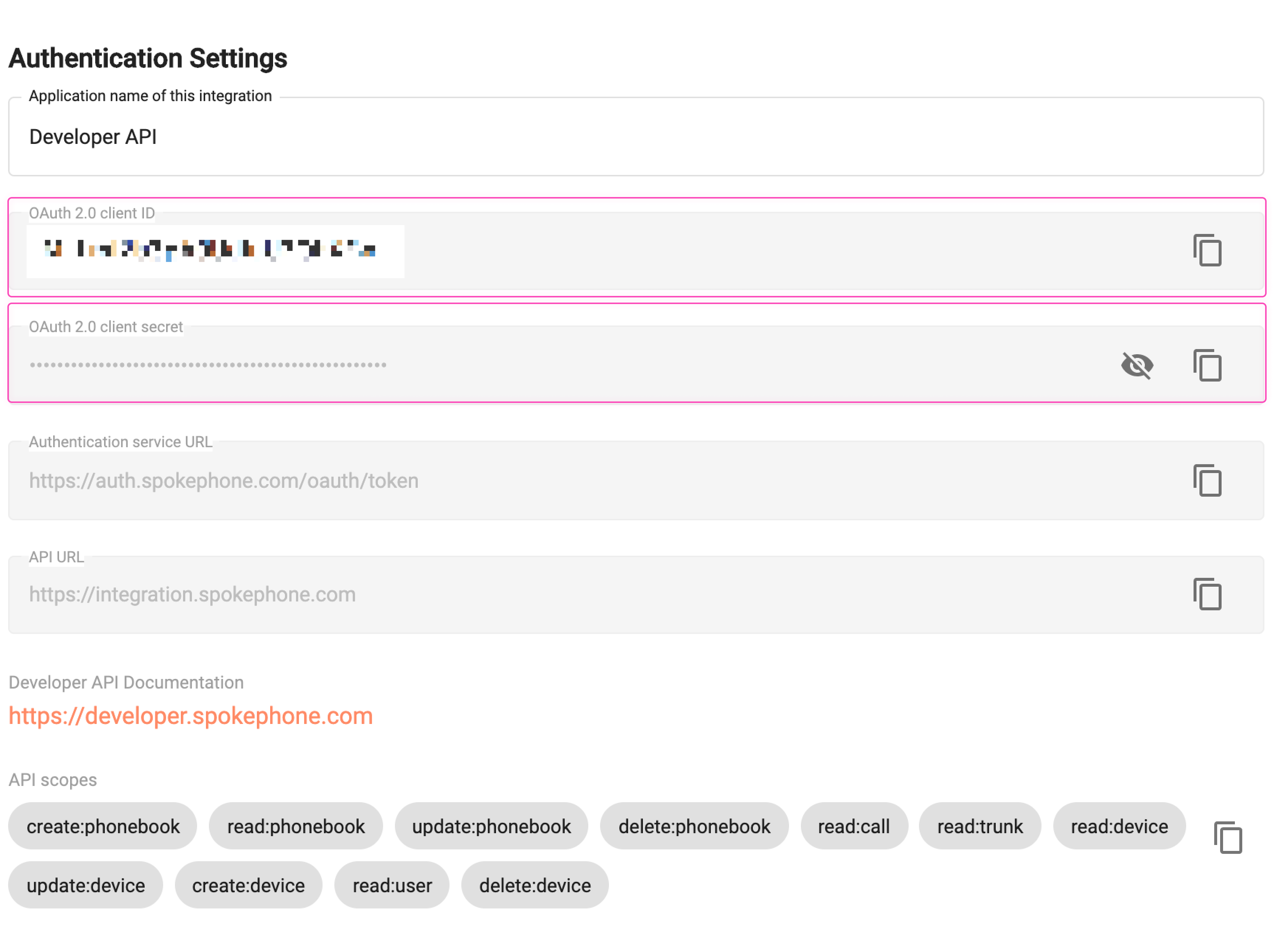 Developer API screen