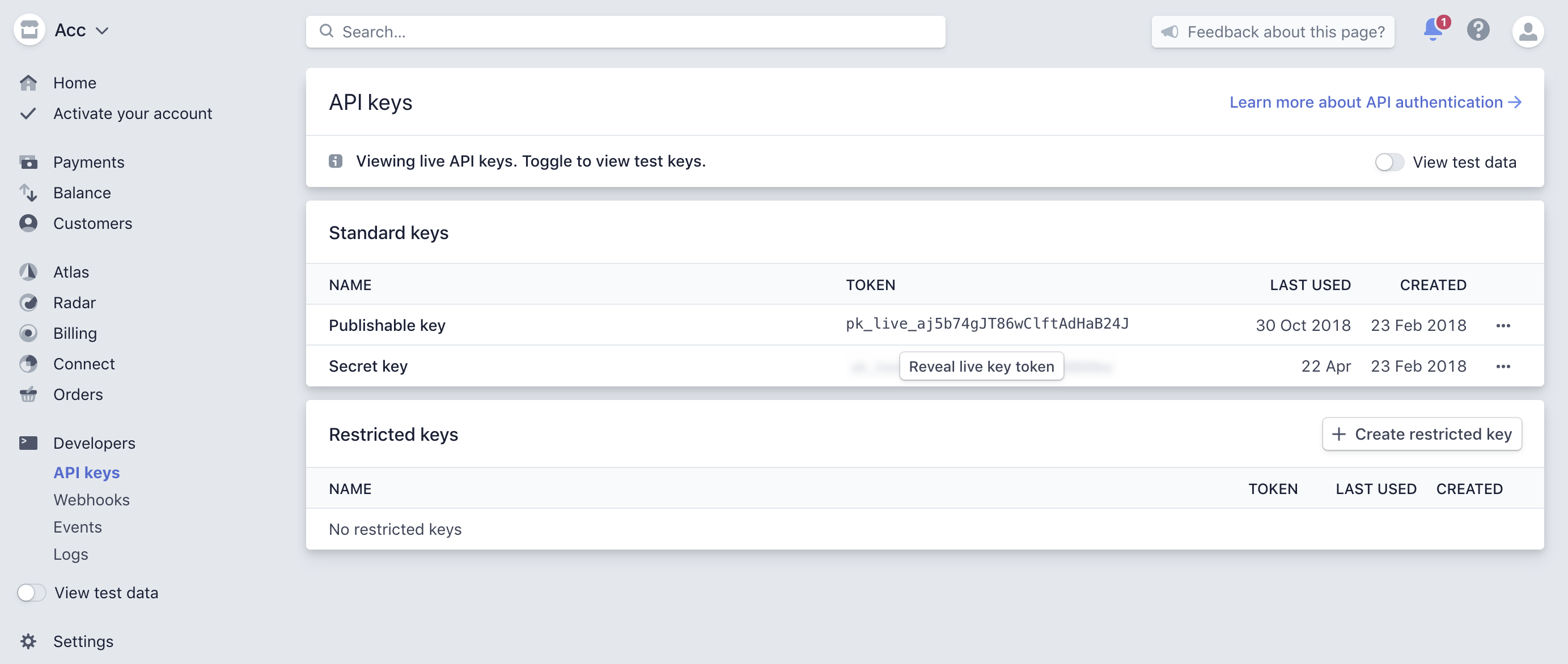 API secret key displayed in Stripe dashboard
