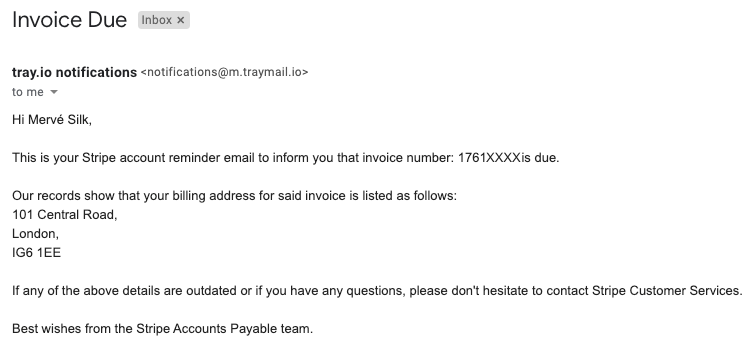 Example email displaying content created