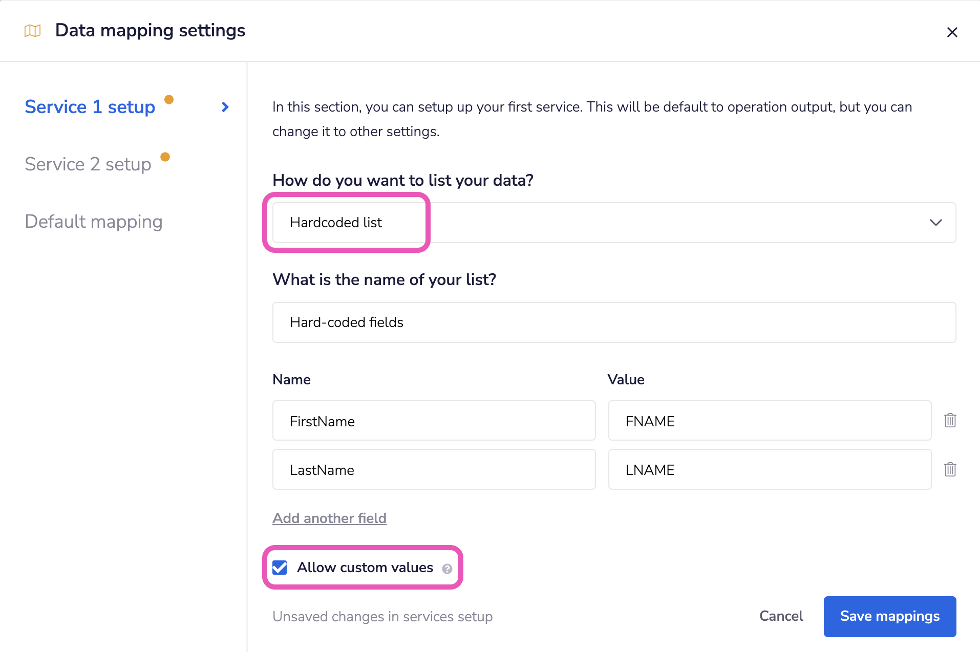dataMapping hardcodedList